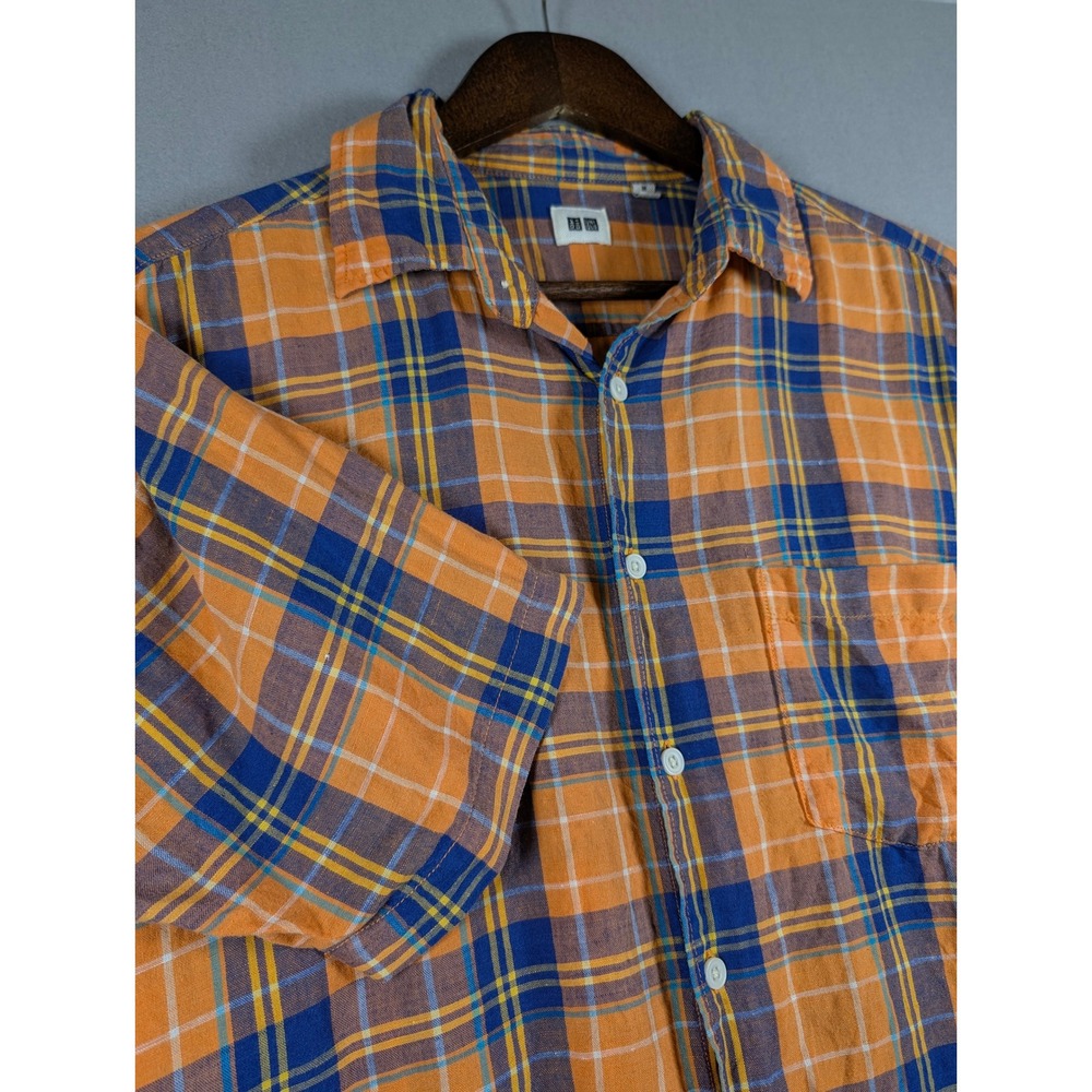 Uniqlo Mens Orange Blue Plaid Short Sleeve Linen Cotton Blend Shirt Size M